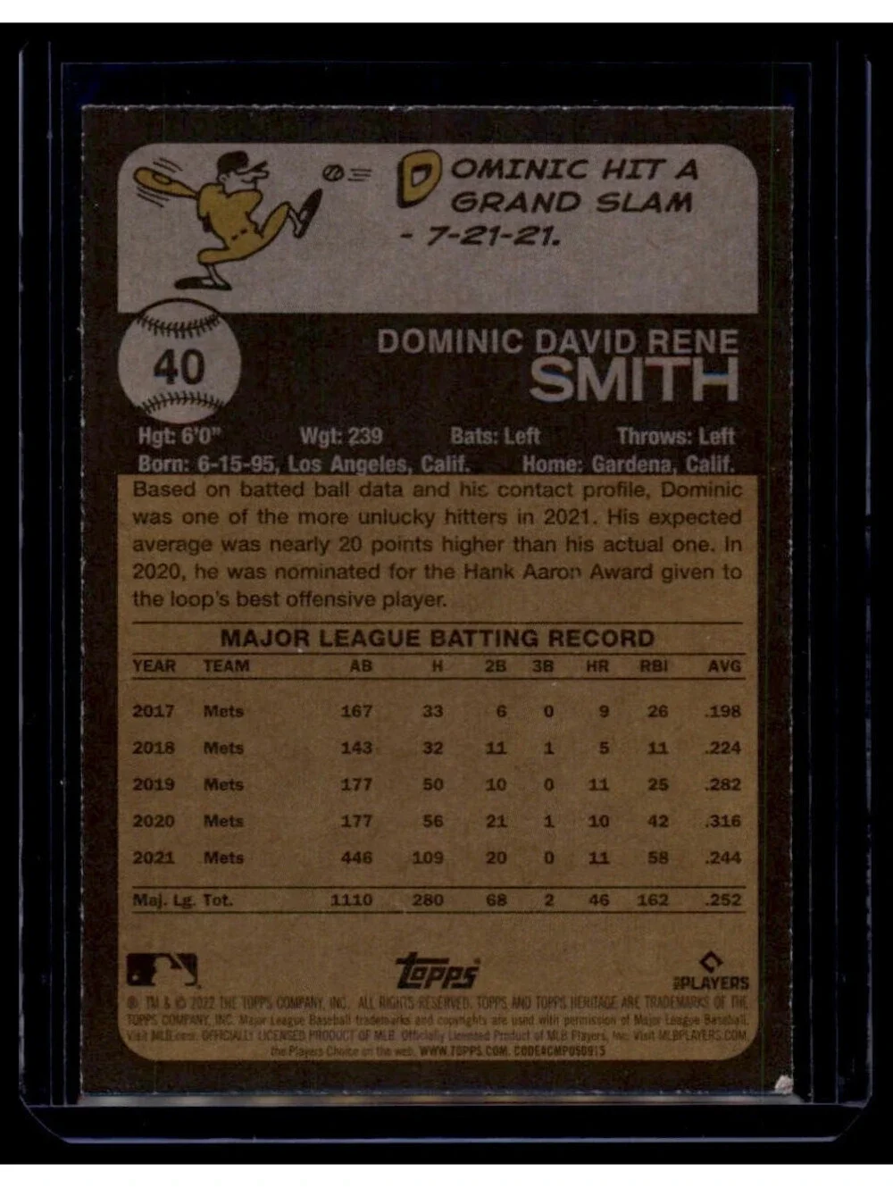 2022 Topps Heritage Dominic Smith #40 New York Mets OF/1B